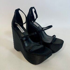 Sz 9 Steve Madden Y2K Platform Chunky Wedge Black Satin Heels